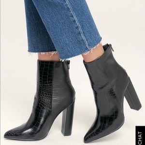 Crocodile Black Heeled Booties-NEW